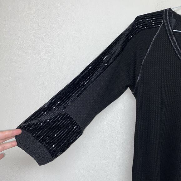 ACOA Puffed Velvet Sequins Sleeves Top Womens Oversized Sz S Black Waffle Knit - Picture 5 of 8